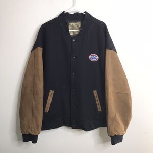 Vintage Saxon Leather Ltd. Mens Bomber Jacket Black Wool and Brown Leather XXXL